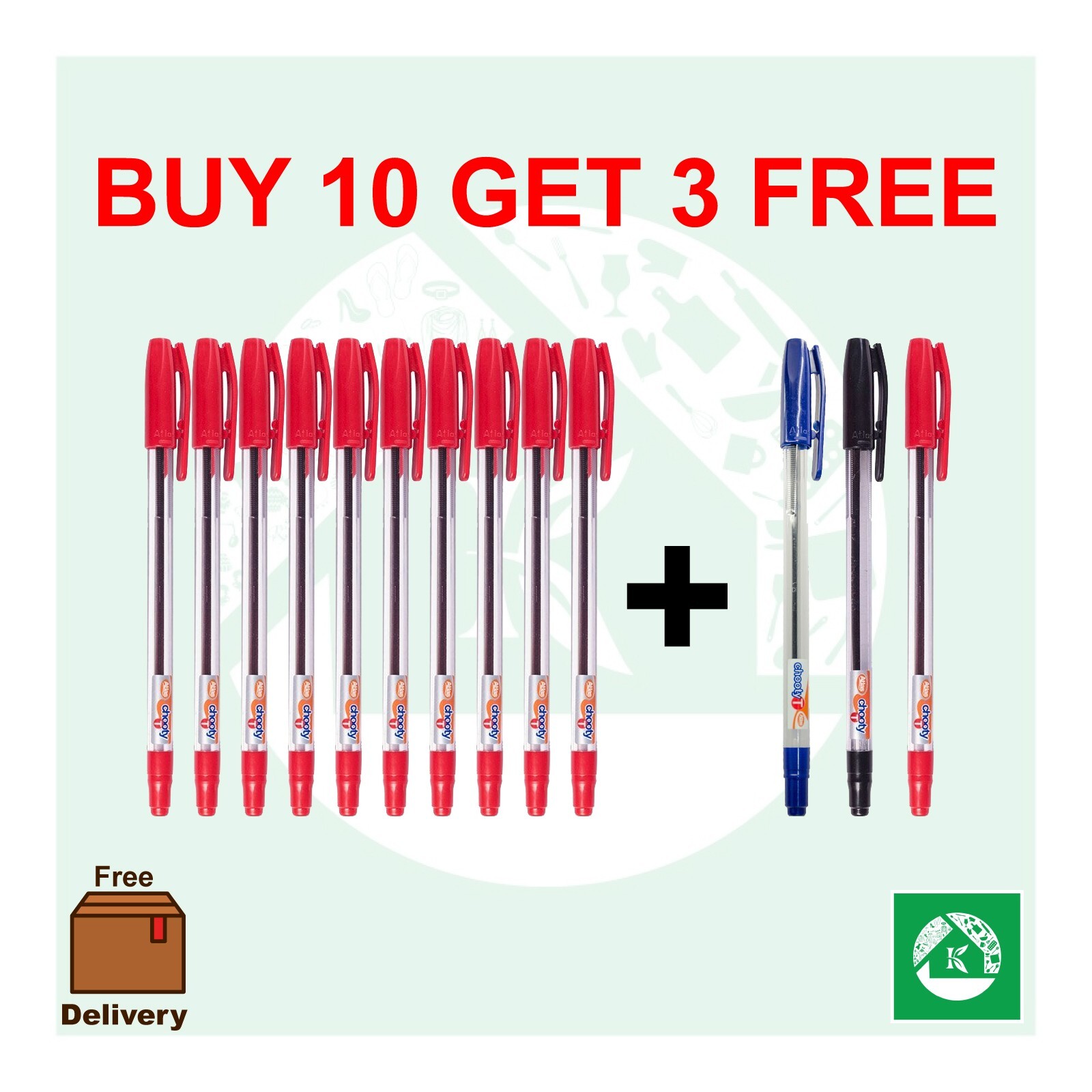Atlas Chooty T Ballpoint Pen Smooth Blue,Black,Red, Buy 10 get 3 FREE. Free Ship