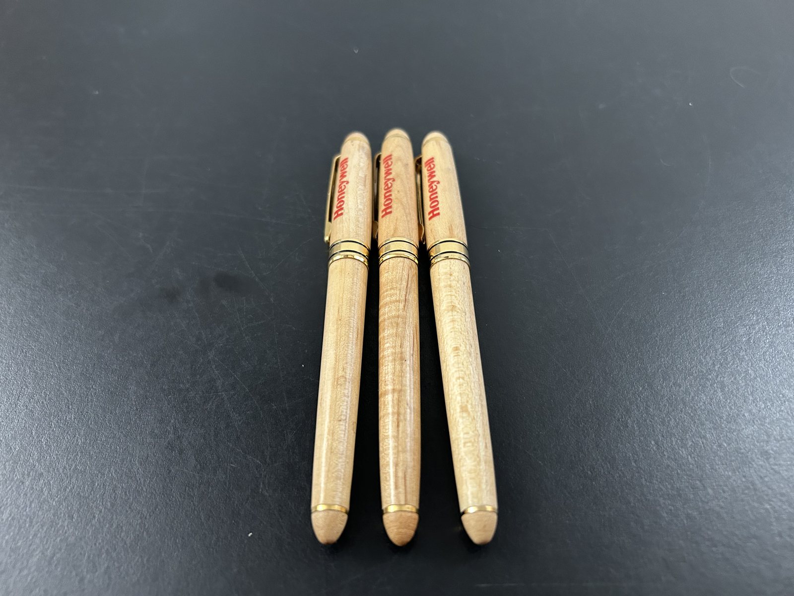 Lot of 3 Wooden Case Pen Ball TC Roller Pens Honeywell Branded Working Smooth
