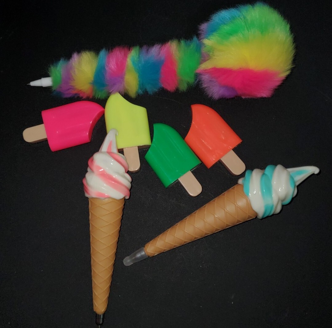 7 PIECE FUZZY RAINBOW PEN, ICE CREAM POPSICLE HIGHLIGHTER, ICE CREAM CONE PENS
