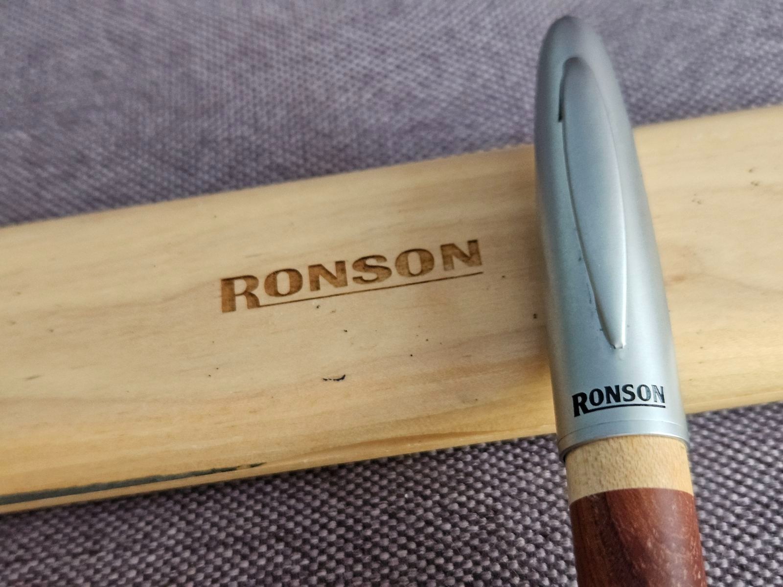 Ronson Ballpoint Pen w/ Original Wooden Case Wood Inlay Executive Writing Pen