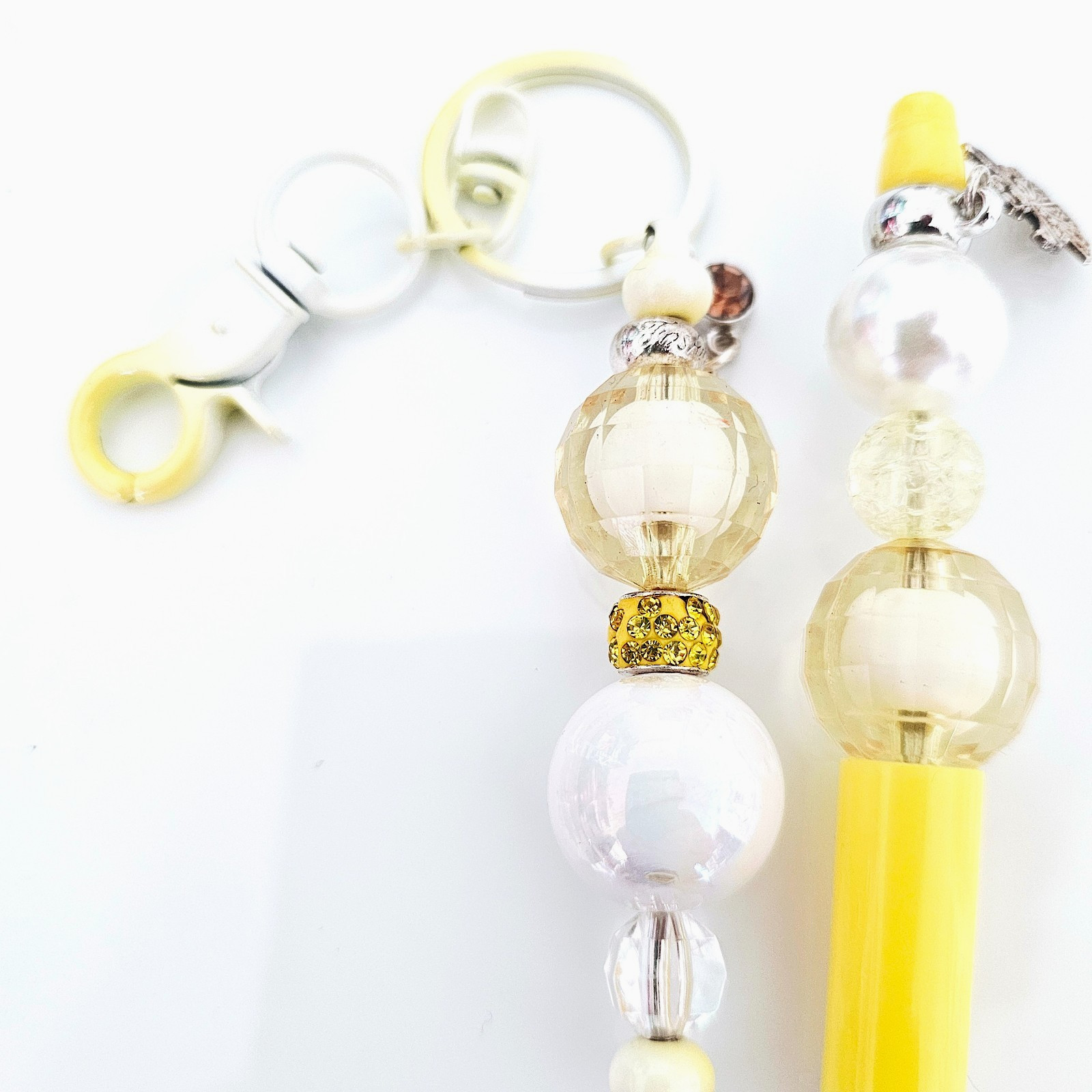 Yellow Pearl Bubble Bead Pen & Keychain Set, Angel Silver Charm, Gift Ideas, Key