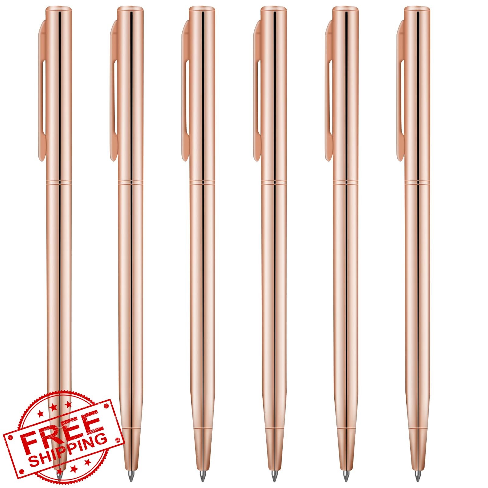 Rose Gold Slim Ballpoint Pens 1mm Black Ink Retractable 6pc