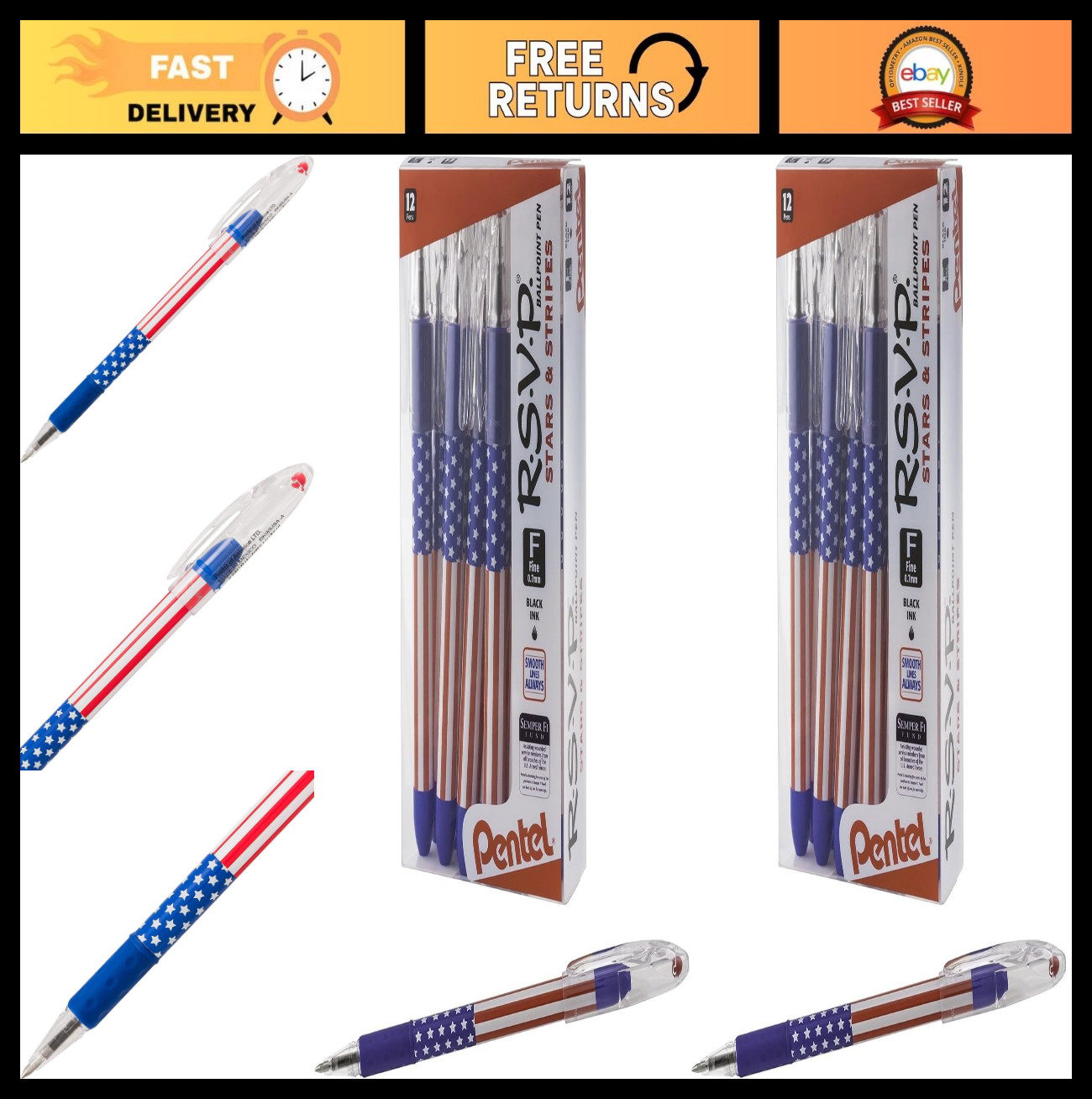 Fine Line Ballpoint Pens 0.7mm Black Ink, Flag Barrel, 24 Count – 2 Packs