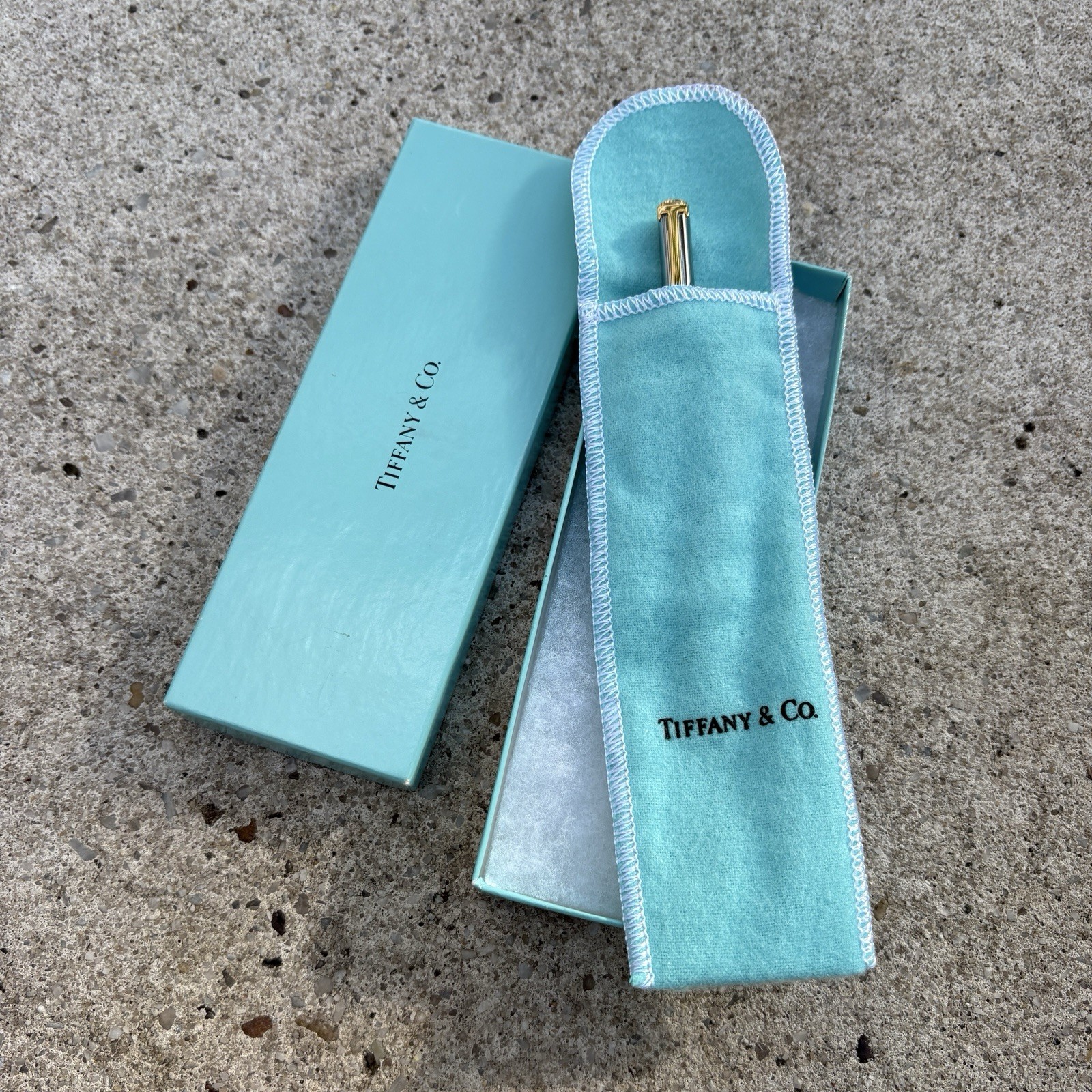NWOT TIFFANY＆CO. Ballpoint Pen T Clip Silver & Gold Trim Box & Pouch