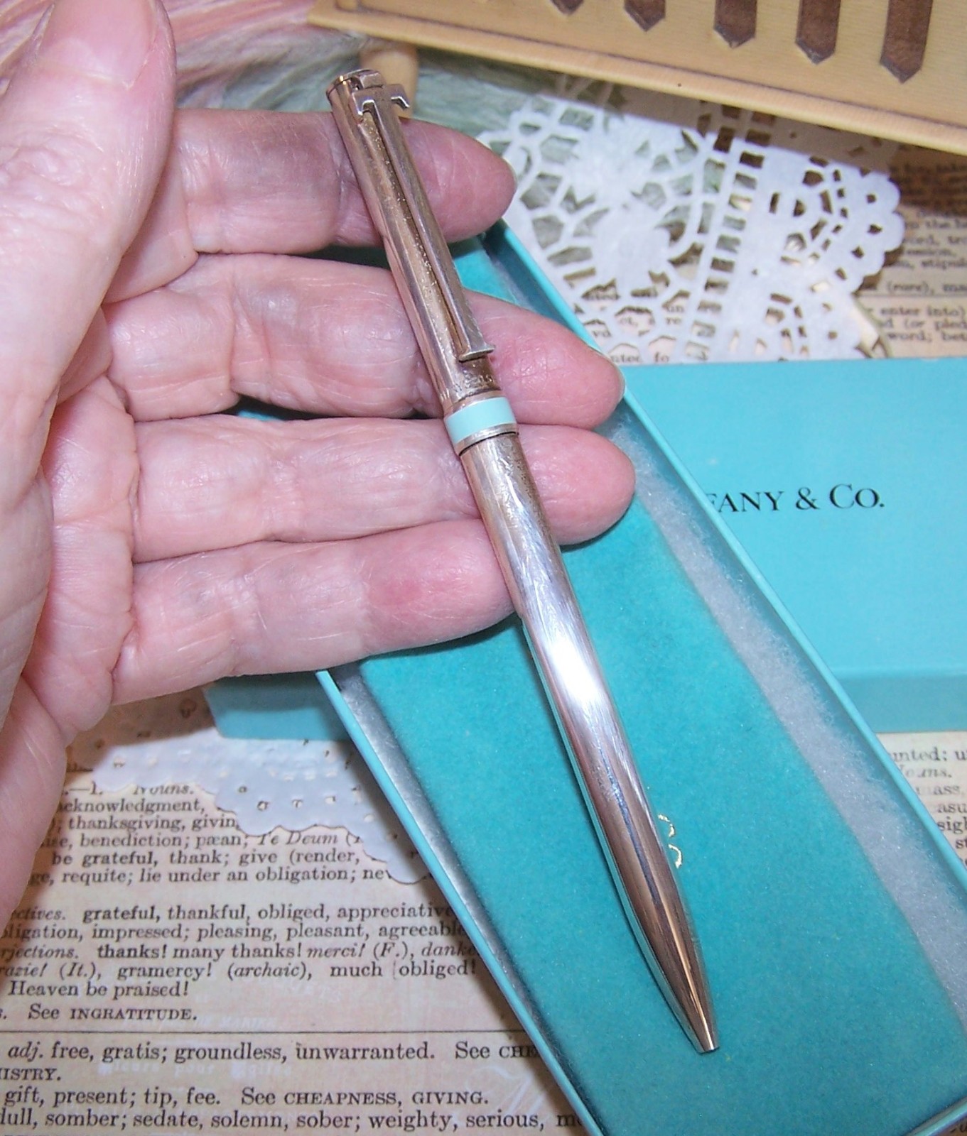 TIFFANY & Co Sterling Silver Retractable Ballpoint Pen – Blue Enamel Stripe
