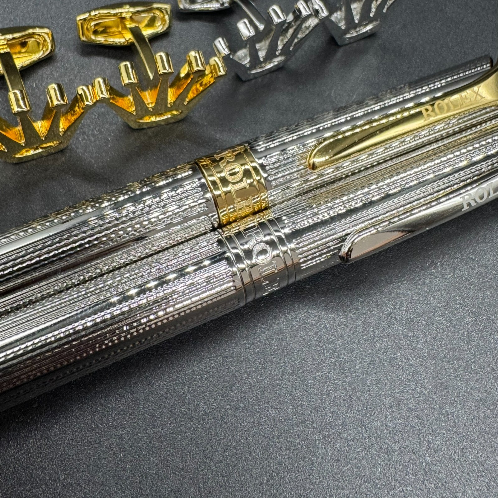 Rolex Logo Gold Silver Tone Ballpoint Pen & Cufflinks Set Unused
