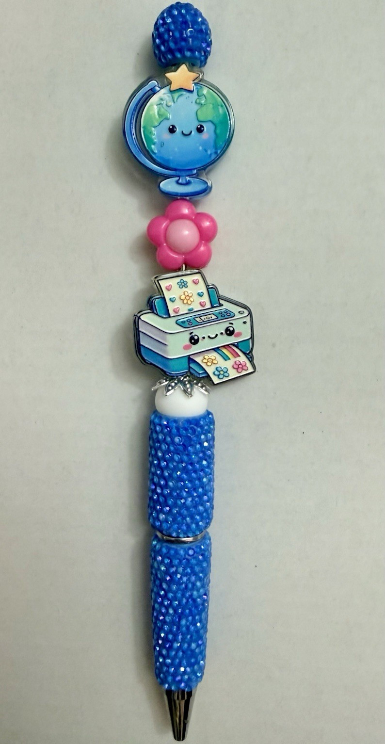 Teacher / Student Beaded Pen w/ Globe Topper & Printer (with extra ink refill)