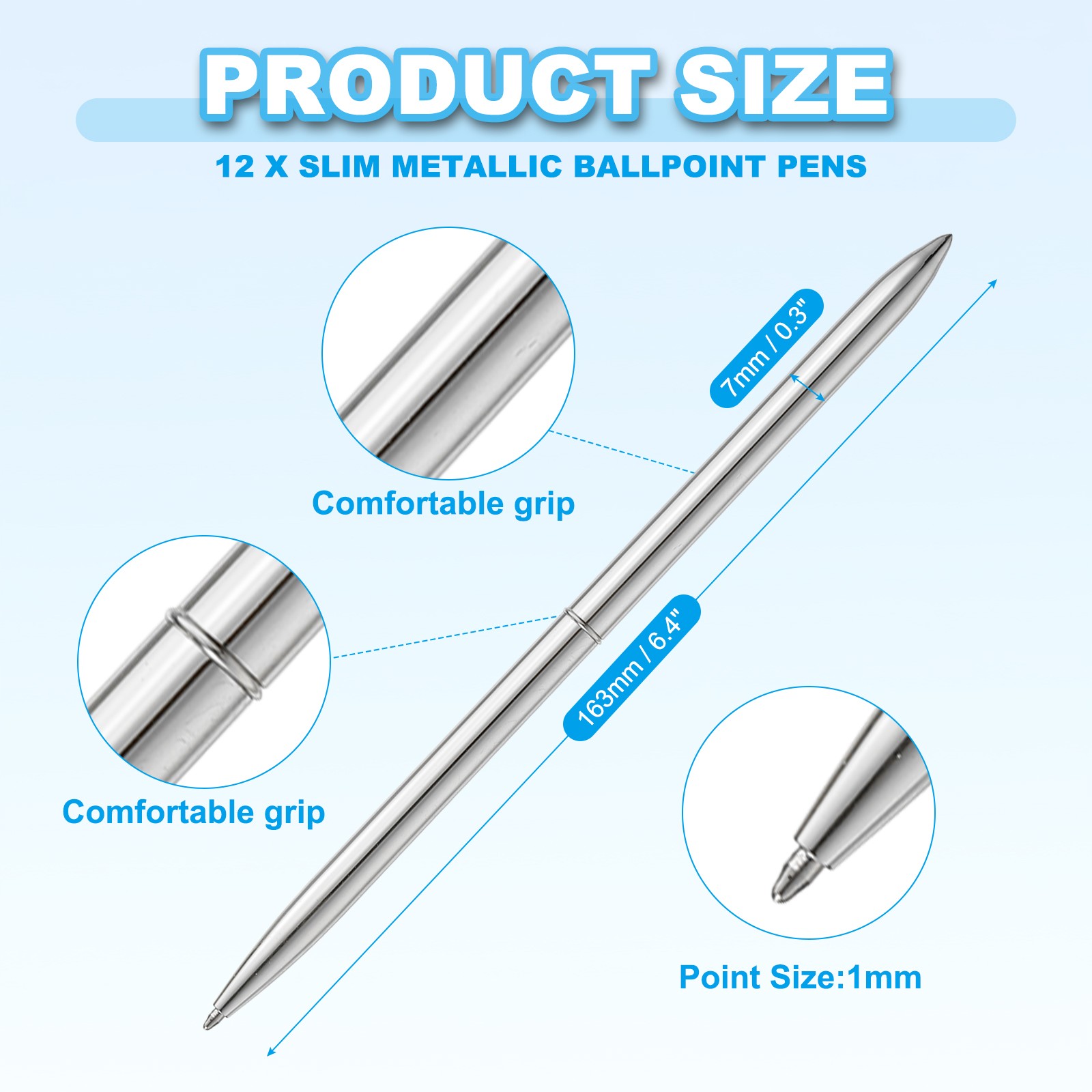 Slim Metallic Ballpoint Pen, 12Pcs Writing Pens, Silver