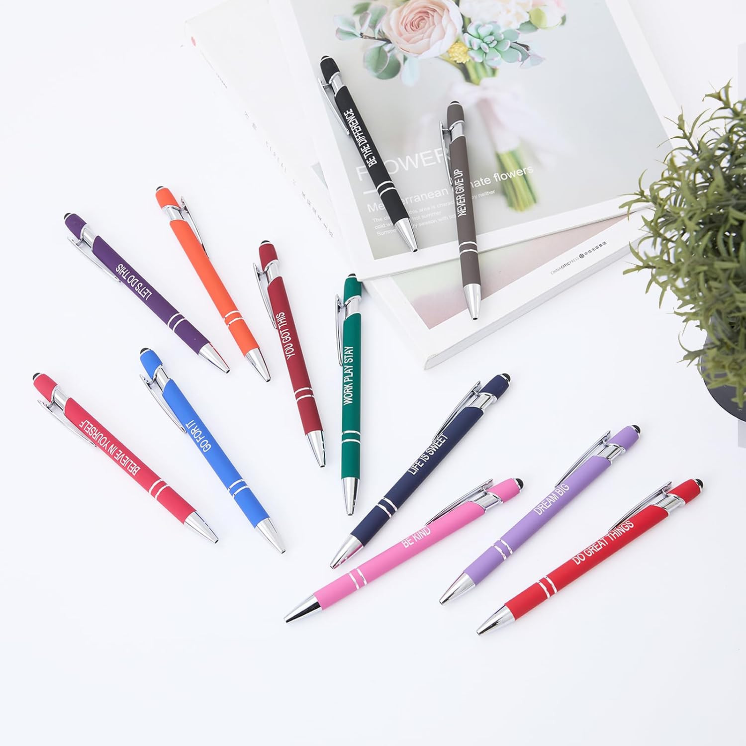 12 Pack Inspirational Ballpoint Pens with Stylus Tip Black Ink Fine Point