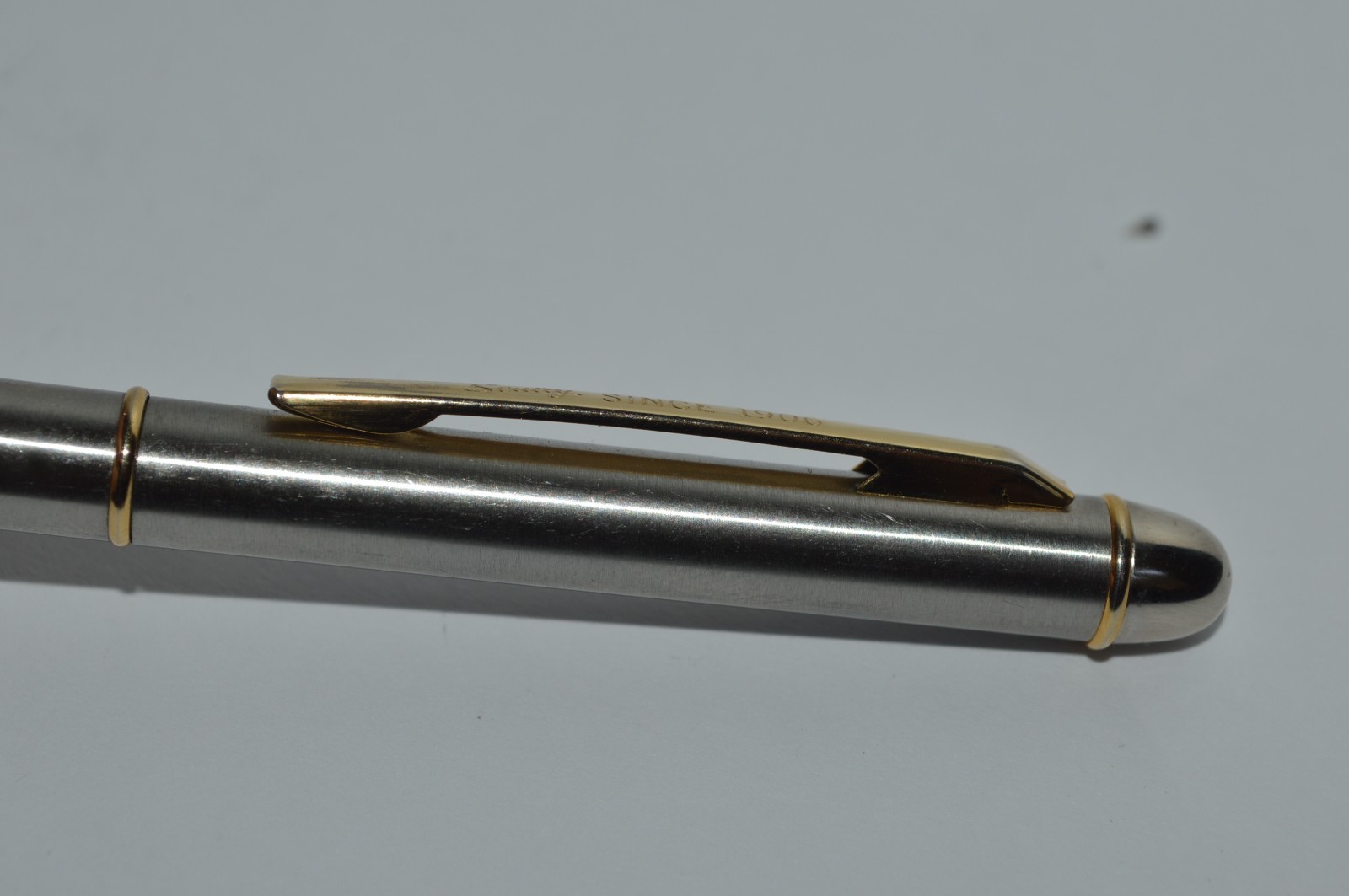 SCULLY SINCE 1906 Ball Pen Slim Brushed Stainless Steel Gold Trim Twist Action