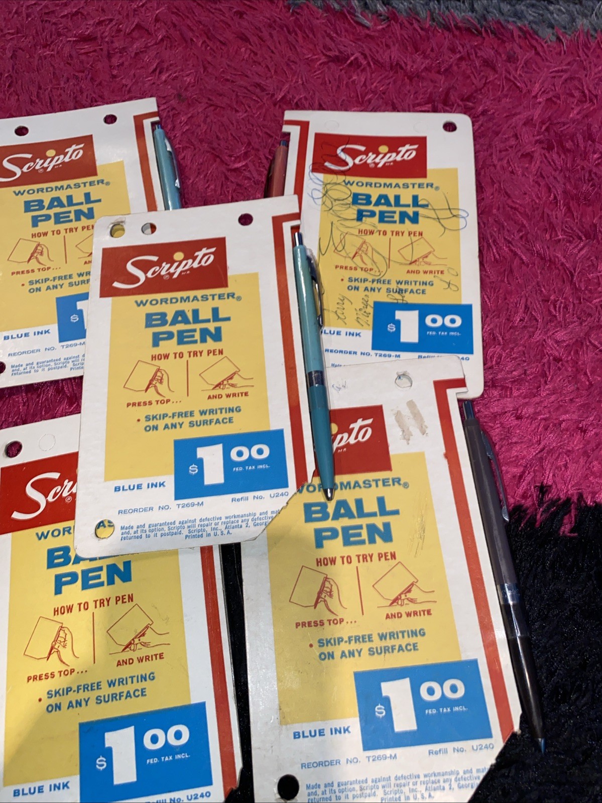 Vtg Scripto Wordmaster Ballpoint Click Pen 60s On Card Lot Of 5 Dry Ink