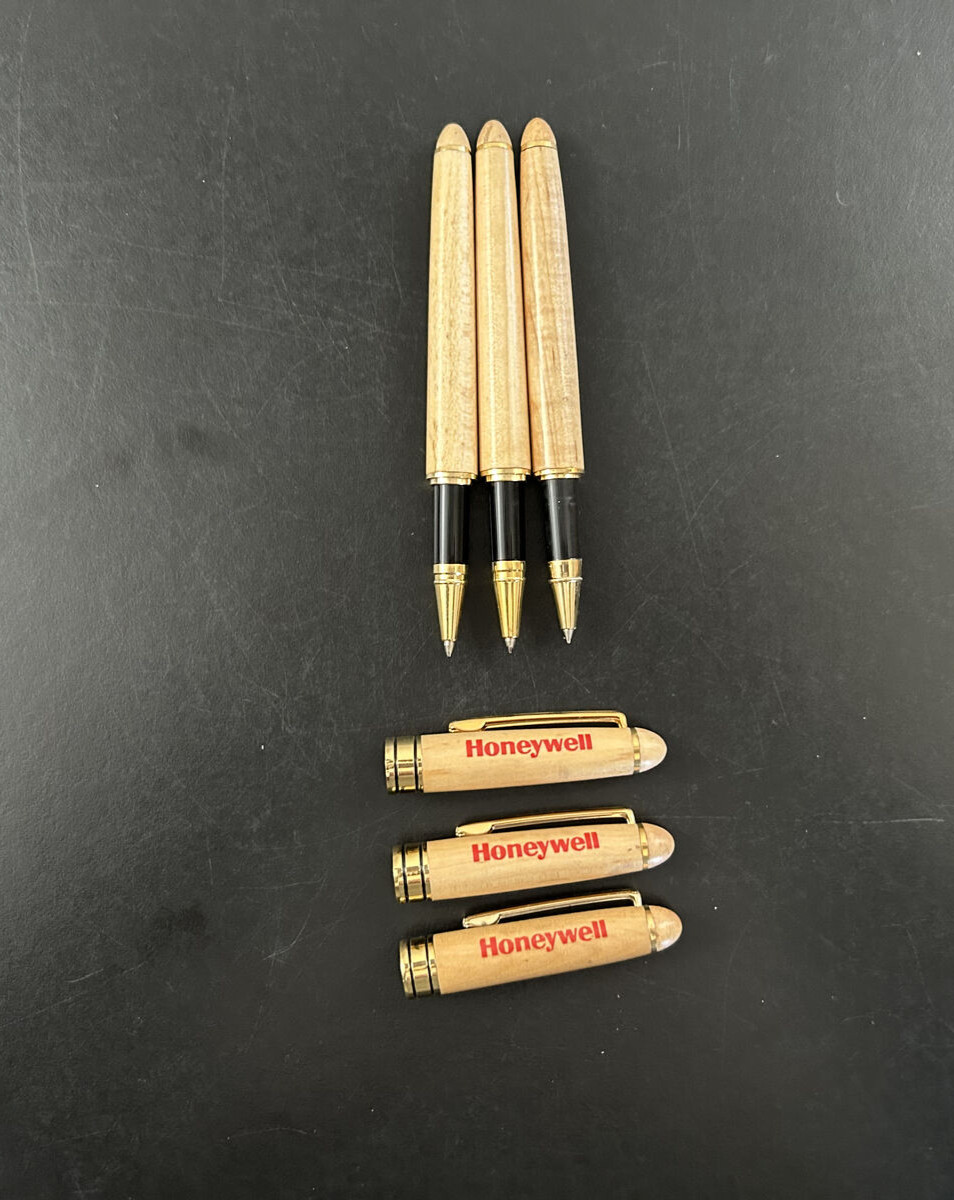 Lot of 3 Wooden Case Pen Ball TC Roller Pens Honeywell Branded Working Smooth