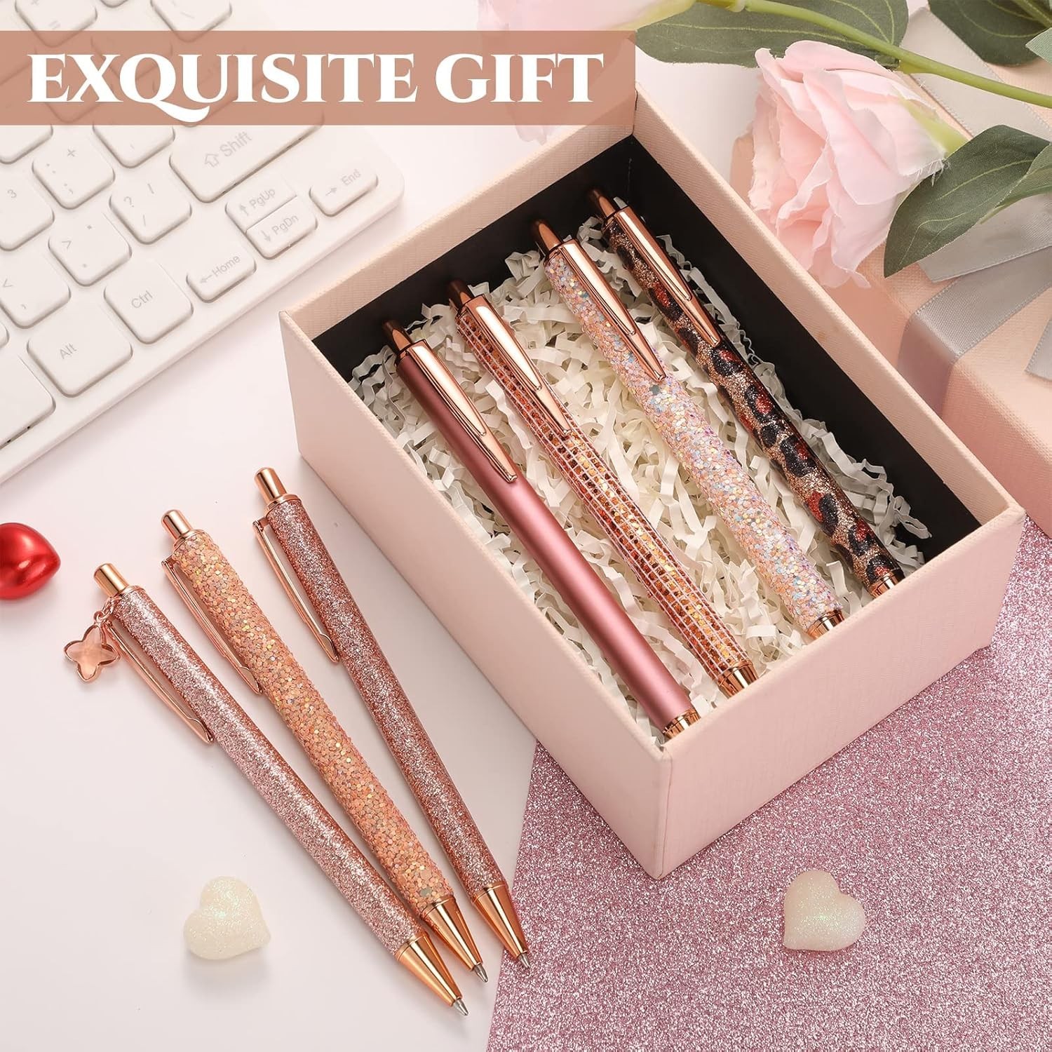 7 Pcs Fancy Pens for Women Cute Sparkly Glitter Pens with 10 Pcs Black Ink Refil