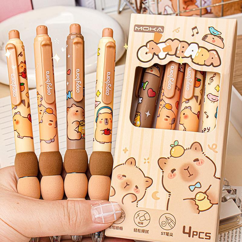 4pcs Capybara Erasable Gel Pens, Quick‑dry Smooth Writing Neutral Stationery