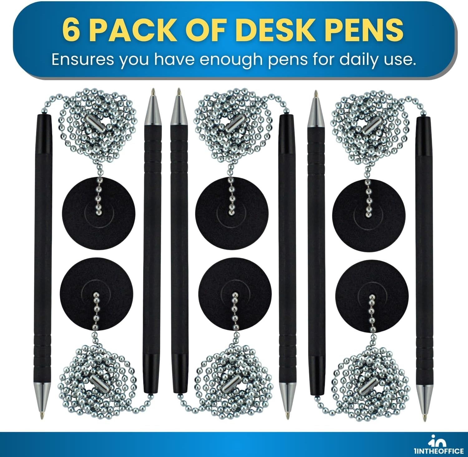Pen with Chain, Counter Security Pen, Adhesive Round Pad, Black, 6 Pack