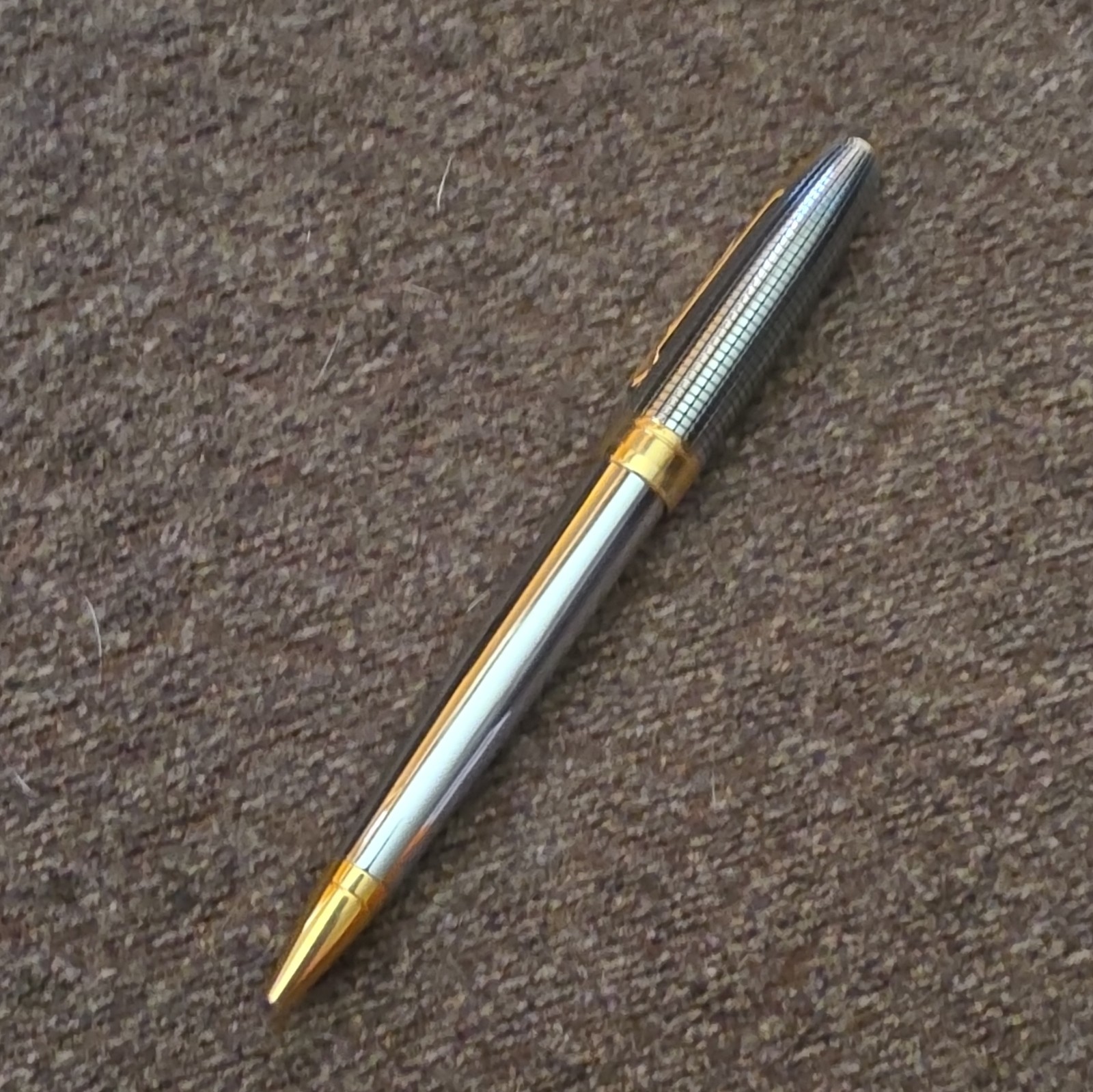 Cross Metal Ballpoint Pen Silver Tone Gold Trim Blue Ink Textured Grip