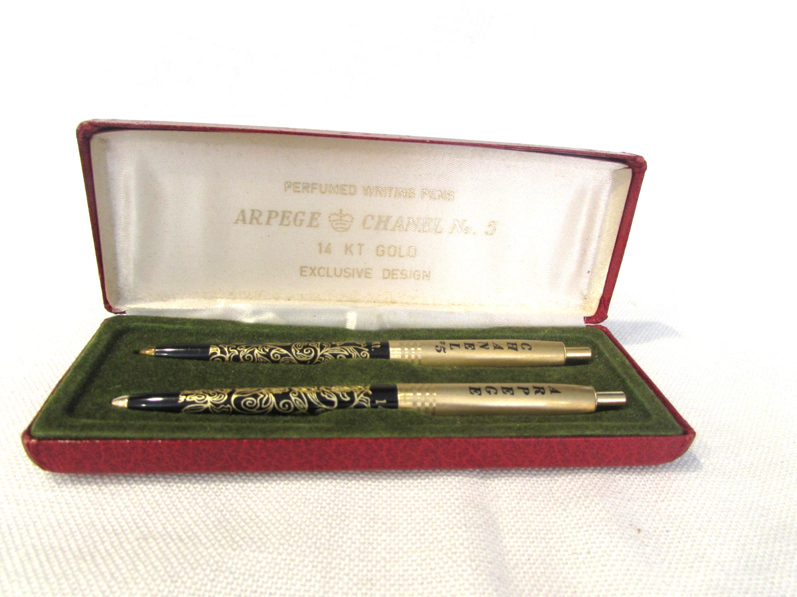 Vintage Set of Ballpoint Pens Channel No. 5 & Arpege 14Kt Gold Filigree w/Box