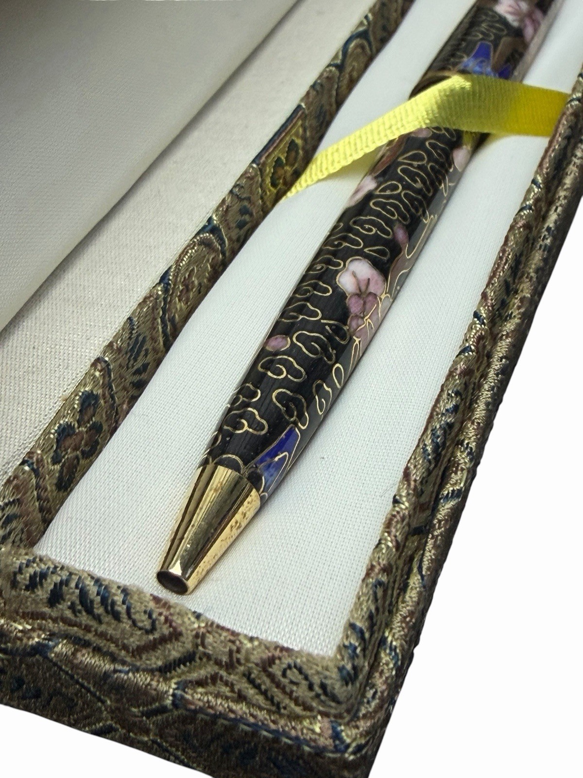 Vintage Cloisonné Floral Enamel Pen w/ Brocade Box Asian Style (Needs Refill)