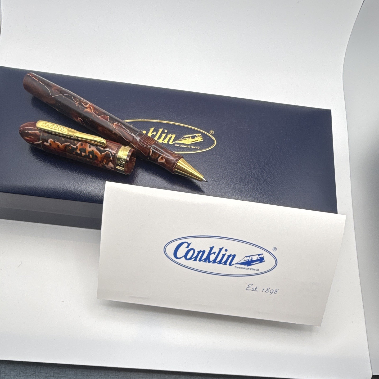 Conklin Brown Marbled Resin Ballpoint Pen Gold Trim Black Ink w/ Box