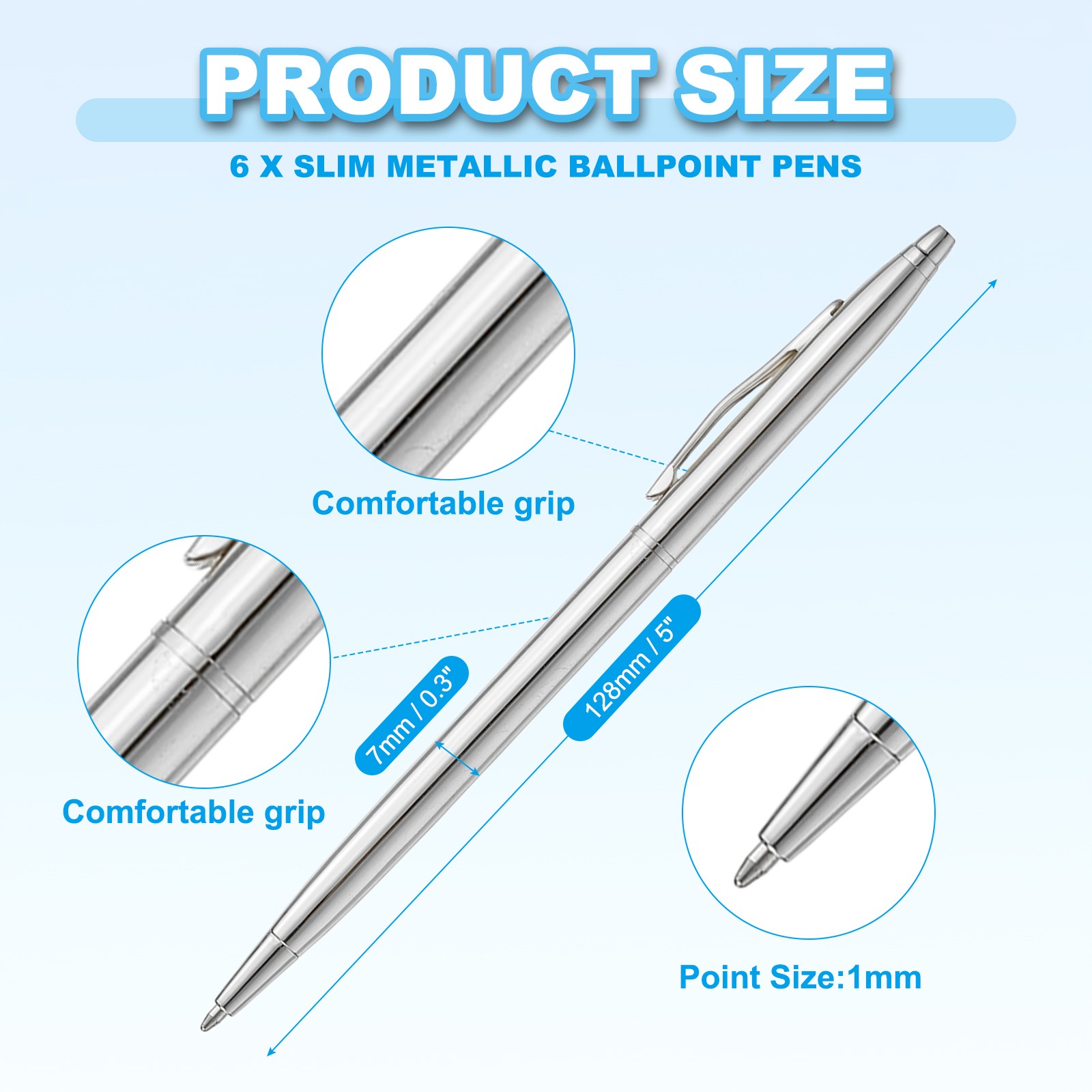 6PCS Slim Metallic Ballpoint Pen Writing Pens with Clips Style 2 Silver