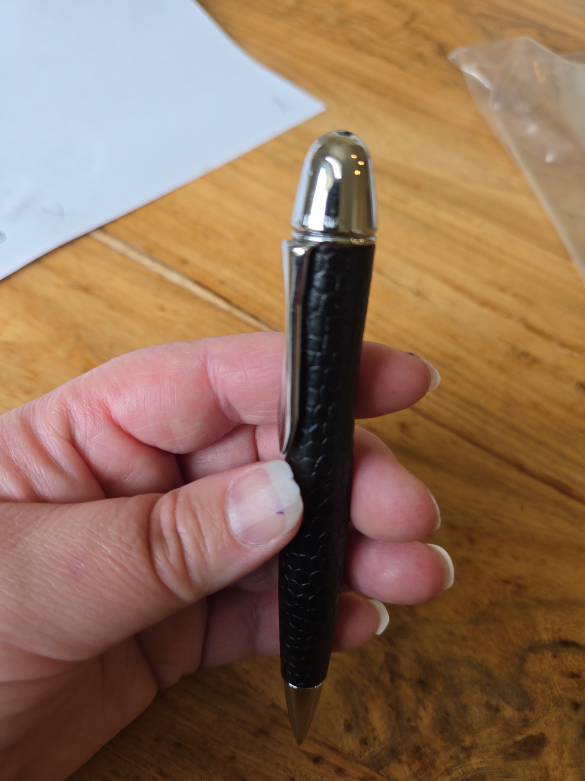 YAFA LATURIA Black LEATHER COVERED BALLPOINT PEN Ink CHROME TRIM FINE BLACK