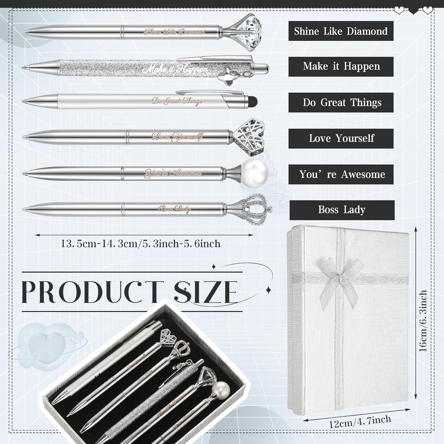 6 Pcs Crystal Diamond Ballpoint Pens for Women Girls Journaling Gifts Silver