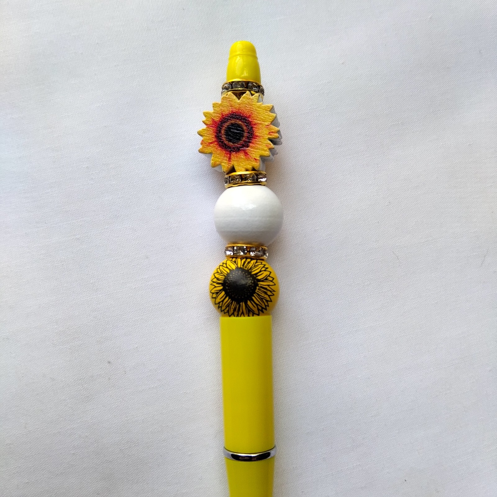 Ballpoint Pen Black Ink Yellow Sunflower Bead Handmade Office Teacher Gift