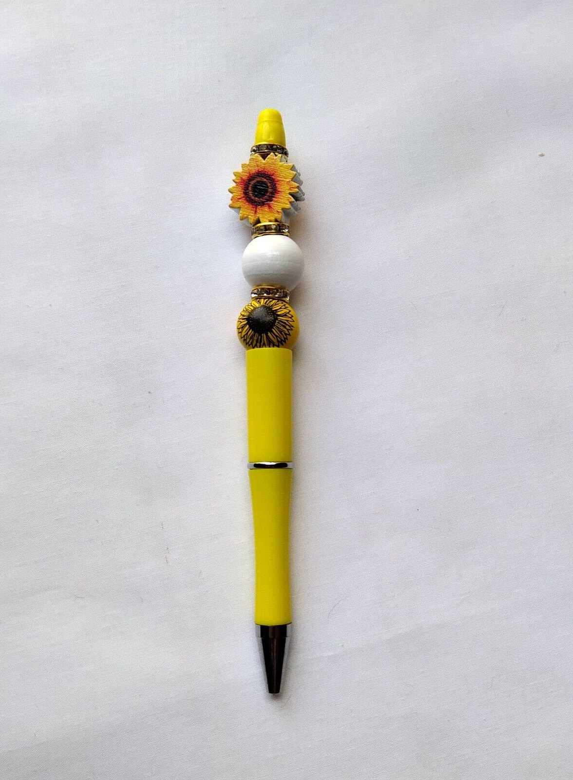 Ballpoint Pen Black Ink Yellow Sunflower Bead Handmade Office Teacher Gift