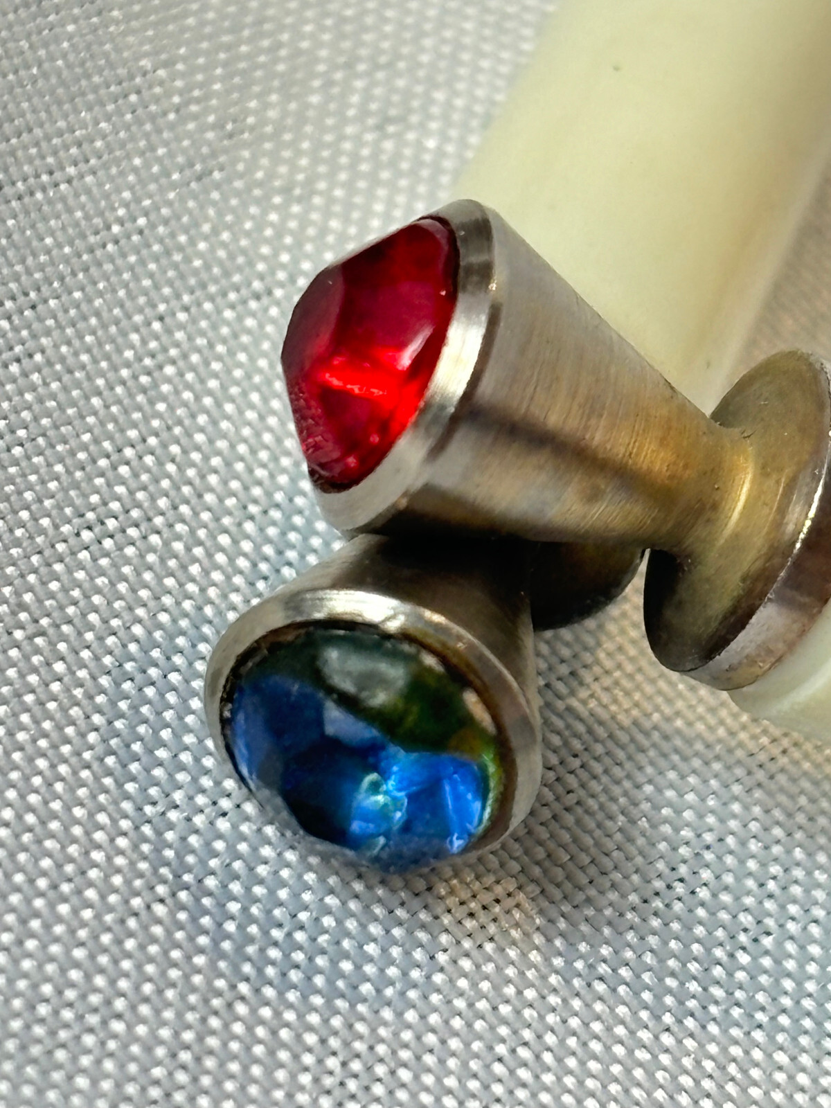 Vtg Mini Pens Novelty Purse Ballpoint Celluloid Faux Red & Blue Rhinestone Ends