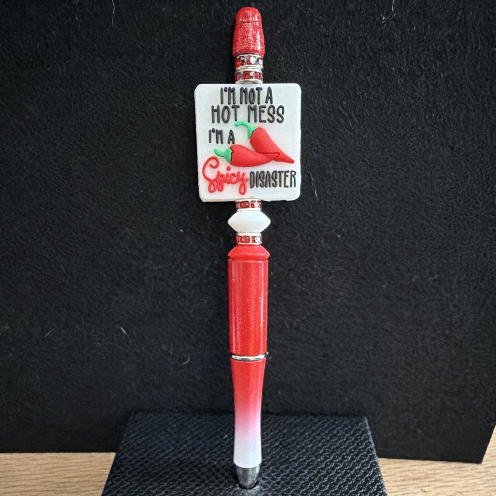 Novelty Plastic Ballpoint Pen w/ Glitter, Black Ink “I’M A SPICY DISASTER”