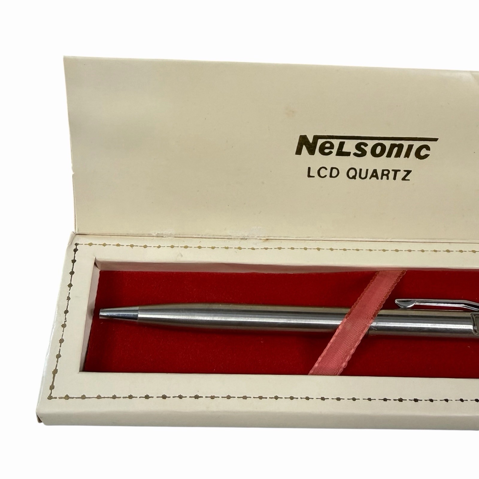 Vintage Nelsonic LCD Quartz Time Pen Digital Clock Pen Hong Kong w/ Box Untested