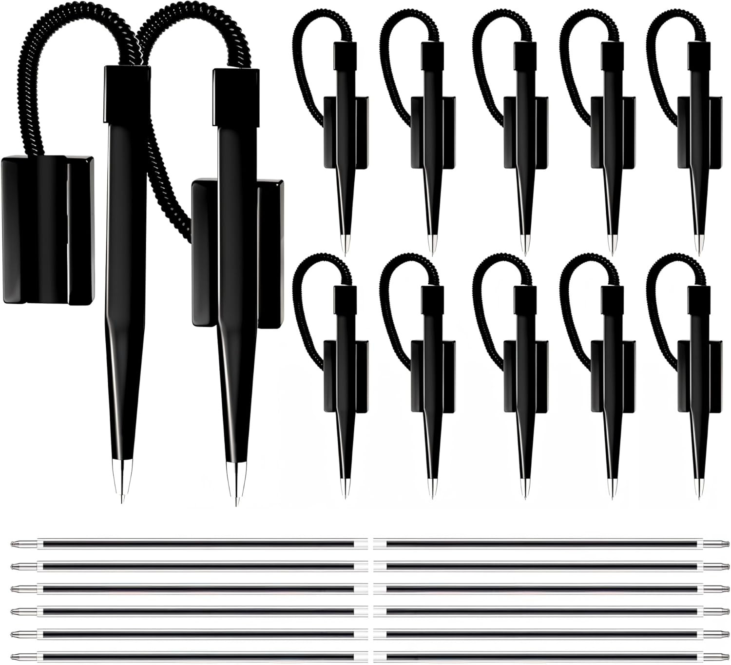12 Pack of 5 Inch Secure Counter Pens, Black with Plastic Secure Cord Attached t