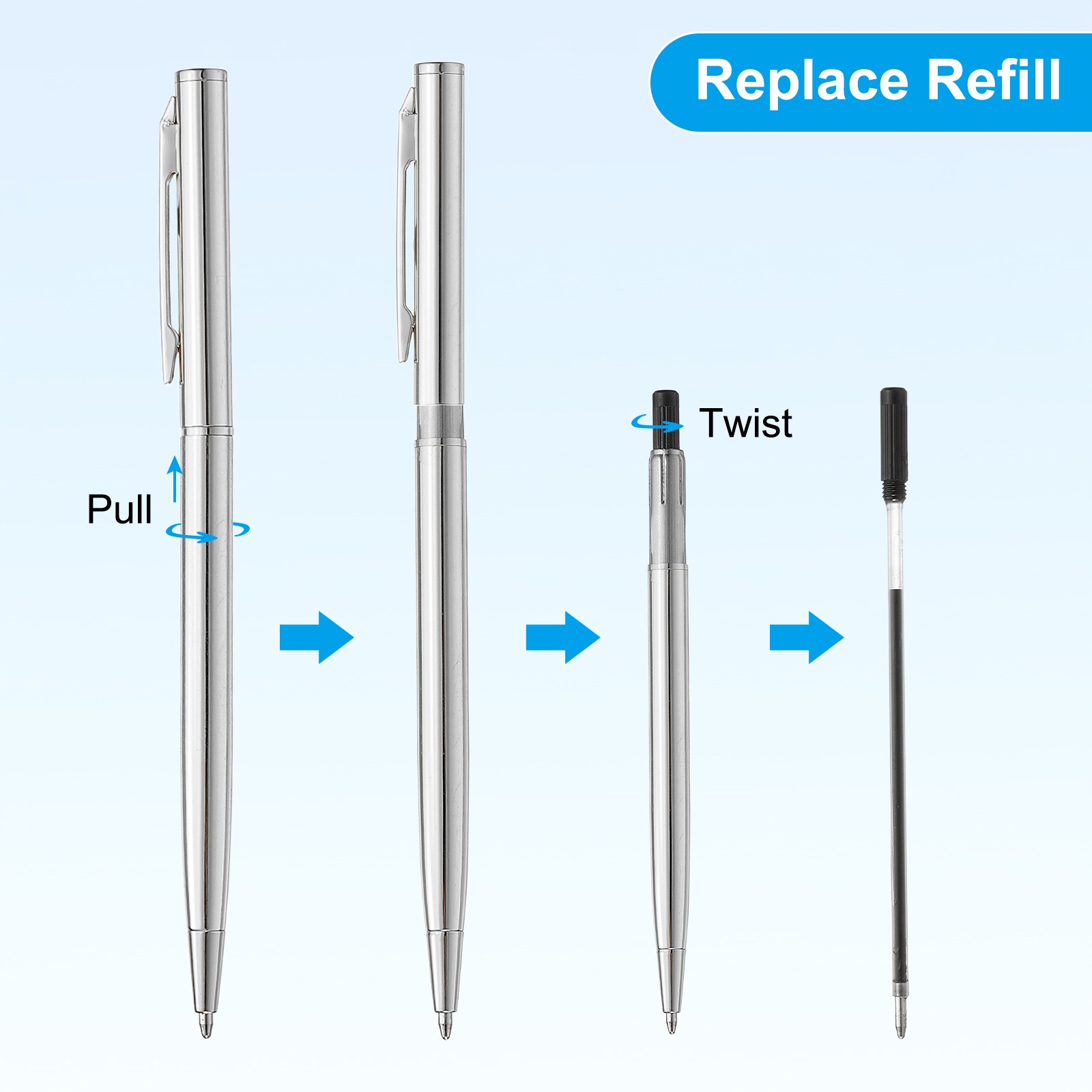 6 x Slim Metallic Ballpoint Pen Writing Pens with Clips Style 1 Silver