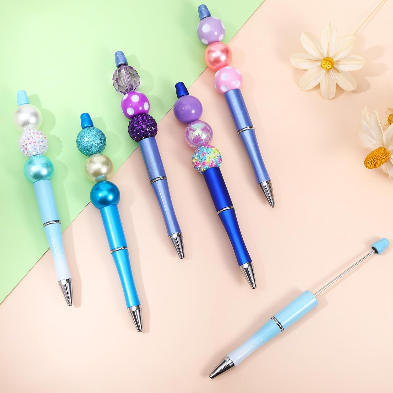 20 Pcs Blue Beadable Pens Bulk, Plastic Beaded Pen with 40Pcs Black Ink