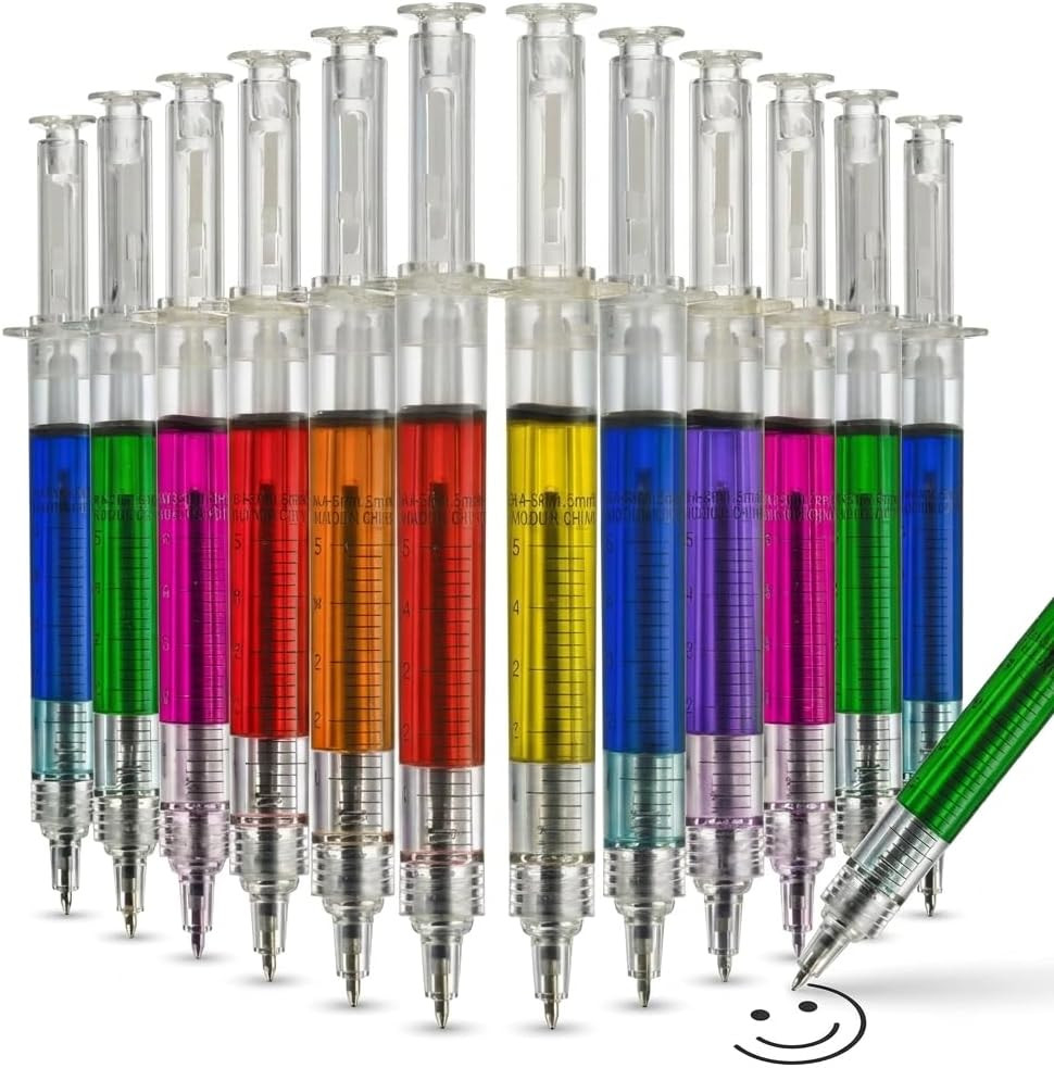 Syringe Pens – (Bulk Pack of 24) Retractable Fun Multi Color Novelty Pen for Nur