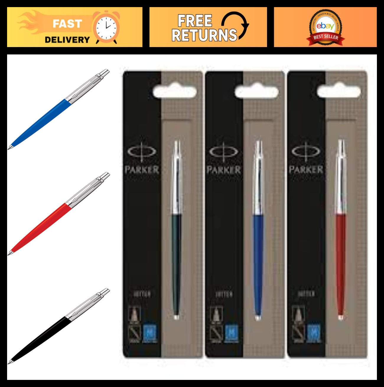 3-Color Ballpoint Pen Set – Black, Blue & Red – Smooth Writing, Stylish Design