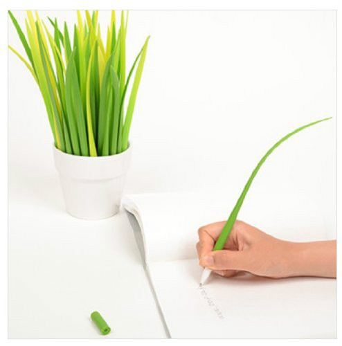 MollaSpace SET 2 Grass Leaf SINGLE Pen SPRING GREEN black ink ballpoint pen+cap