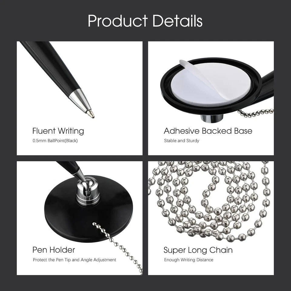 6 Pieces Secure Pen with Chain Security Pen Holder Counter with Adhesive Chain a