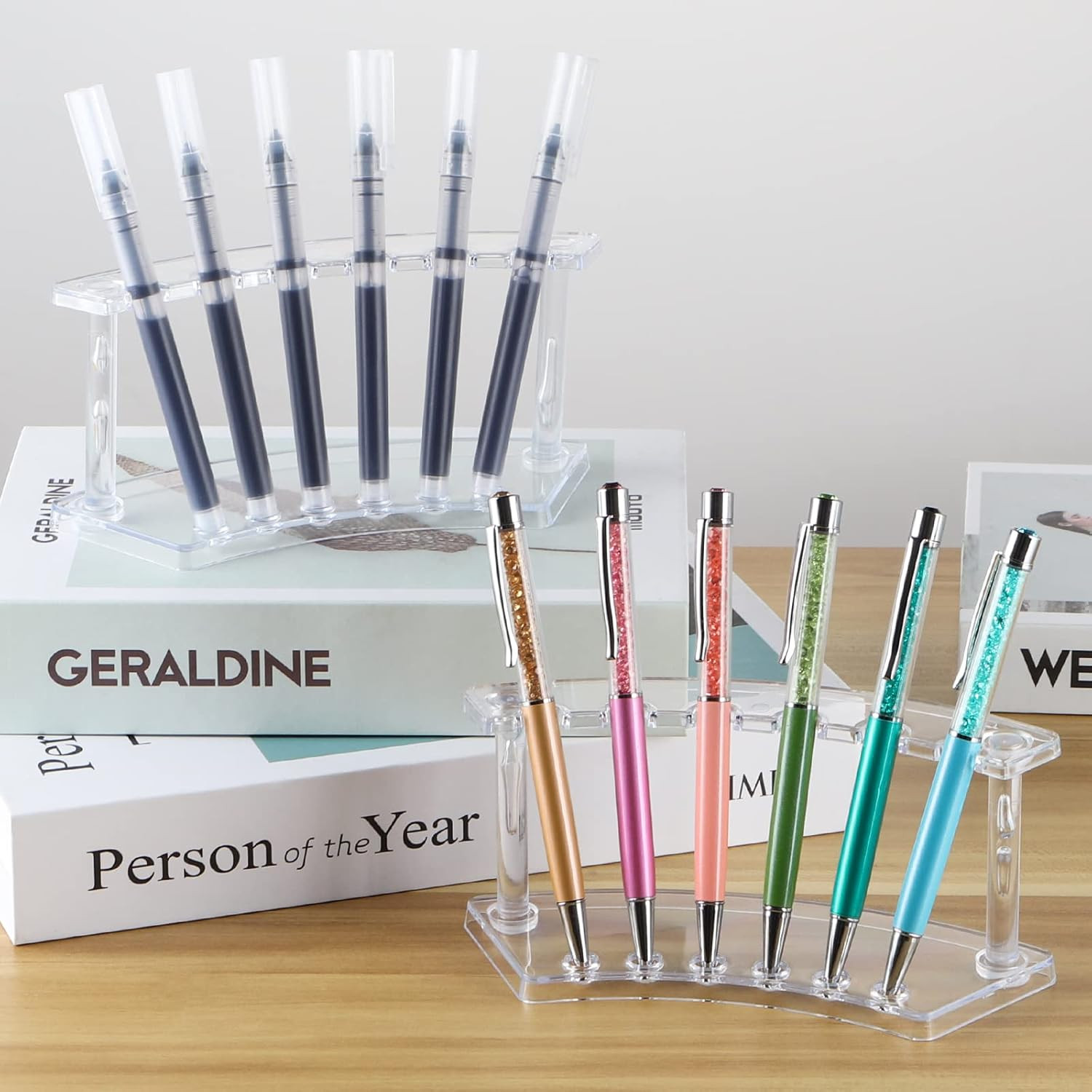 6 Pcs Pen Display Stand, 6 Slots Plastic Pen Holder, Clear Pen Display Rack for