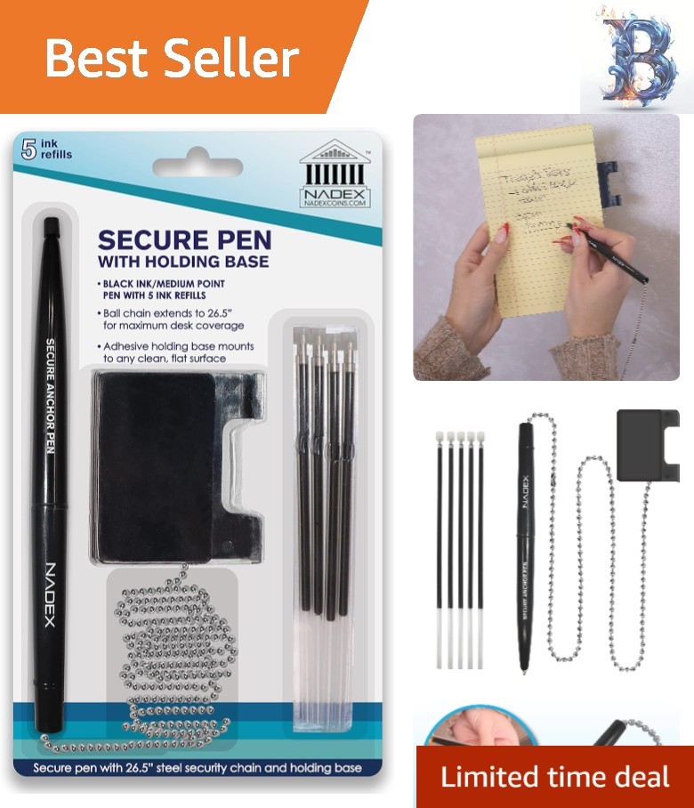 Elegant Black Security Pen Set with Chain & Adhesive Base – 5 Refills Included