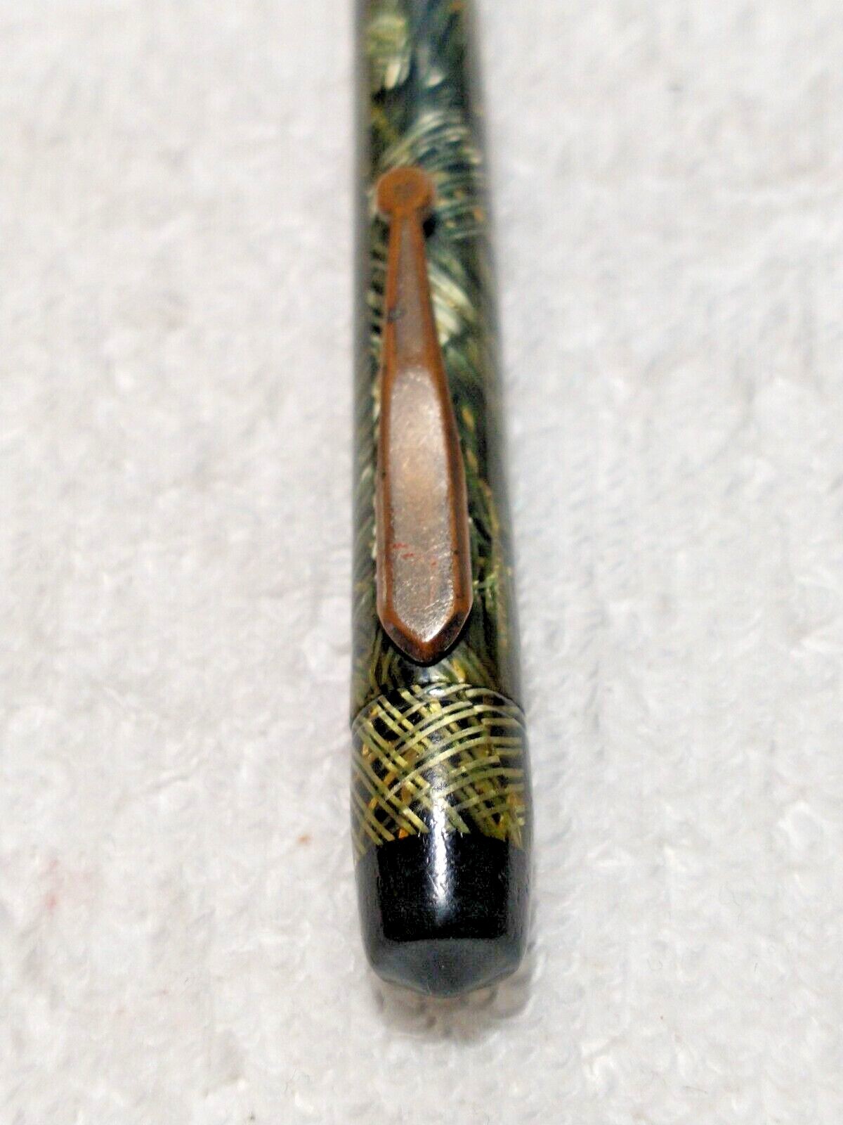 VINTAGE CELLULOID MECH PENCIL BLACK AND LIME GREEN OVER SILVER RIBBONS ANTIQUE