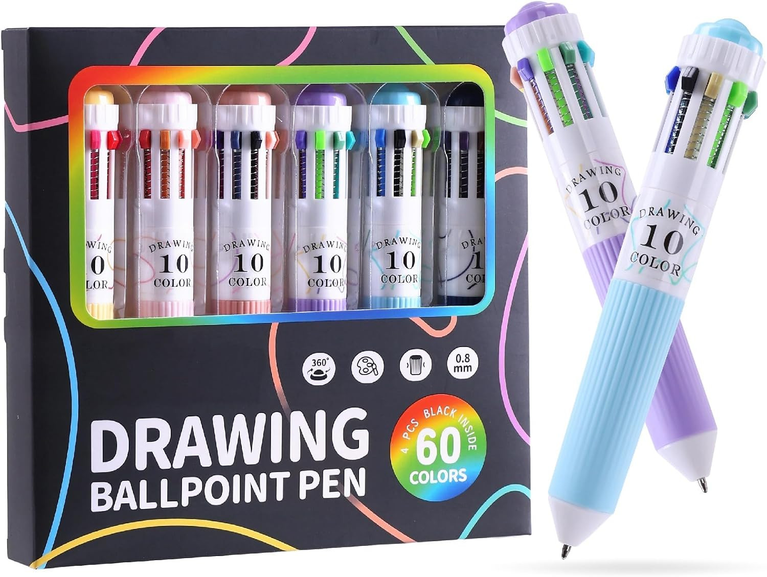 60 Colors Multicolor Pen 6PCS 10-in-1 Multicolor Ballpoint Pen Set 0.8mm Tip R