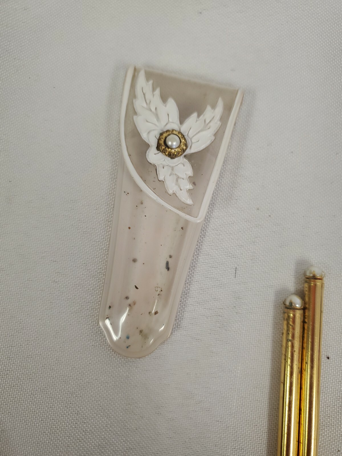 Vintage Brass Mini Pen & Pencil Set with PEARLS & EMBELLISHED CASE