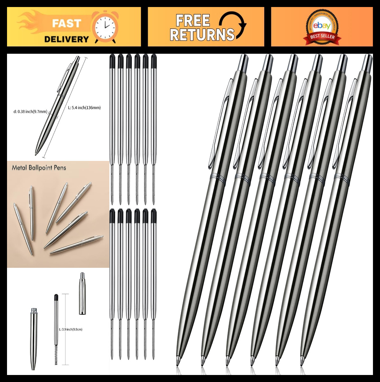 6 Pcs Retractable Metal Ballpoint Pens – 1.0mm Black Ink, Office & Gift Set, 12