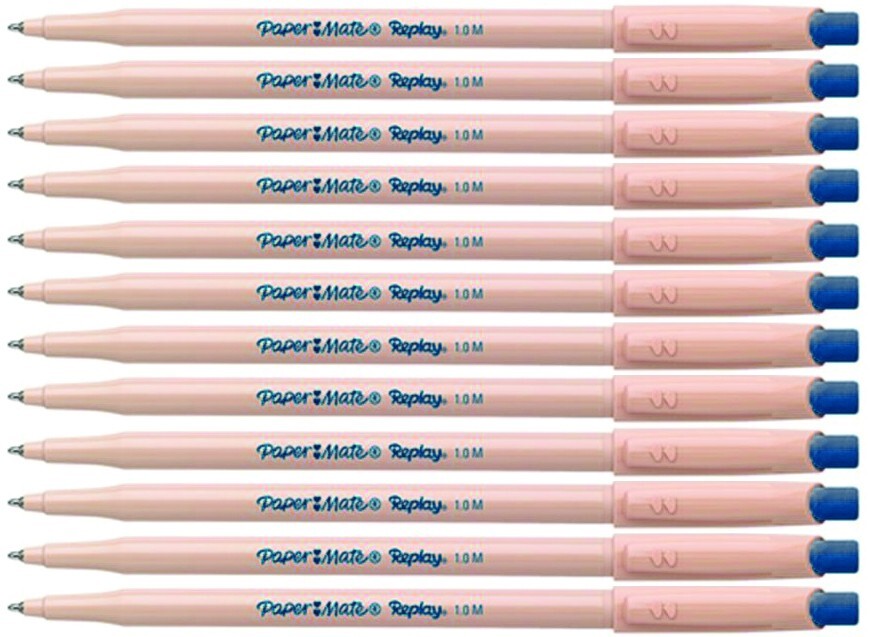 Paper Mate Replay Blue Erasable Ballpoint Pens With Eraser 12 Pieces New