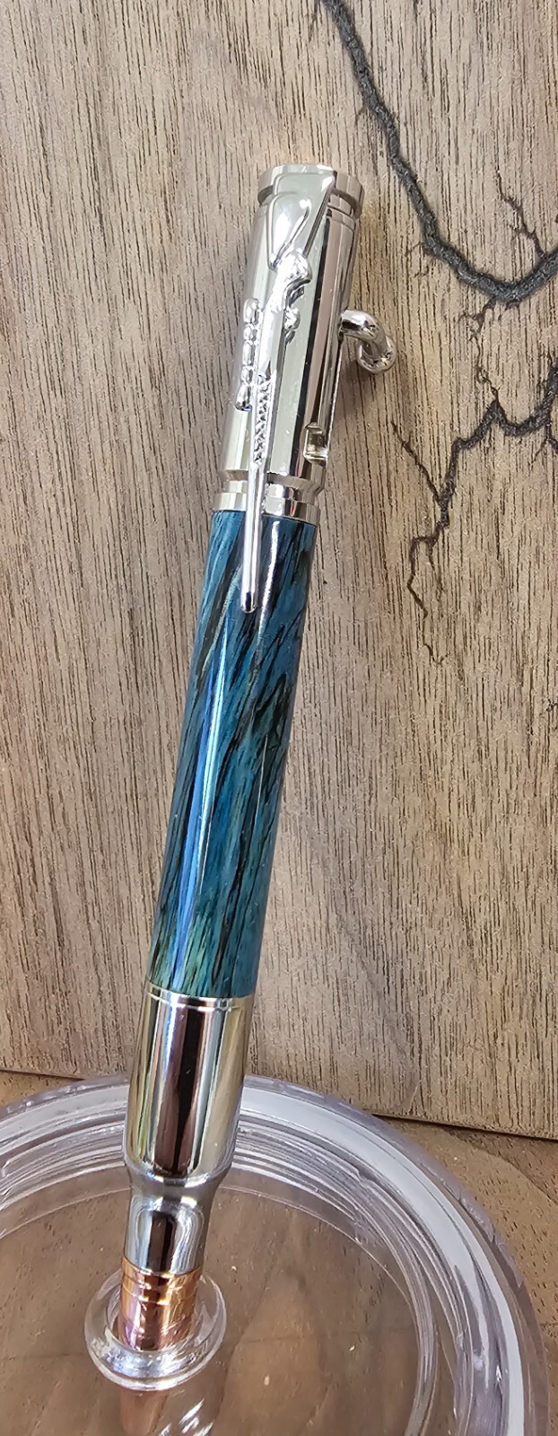 Bolt action pen with blue stabilized spalted Tamarind