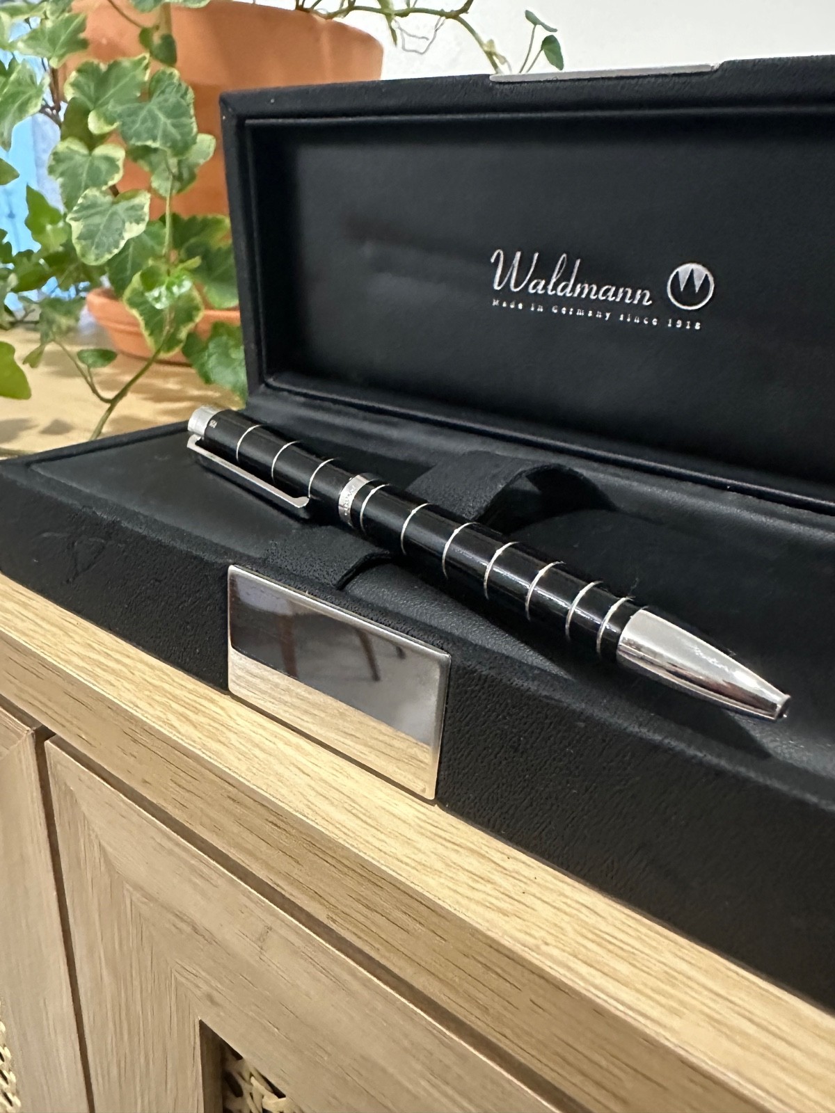 Waldmann 925 Sterling Silver Ballpoint Pen – Black Lacquer with Silver Spiral Ri