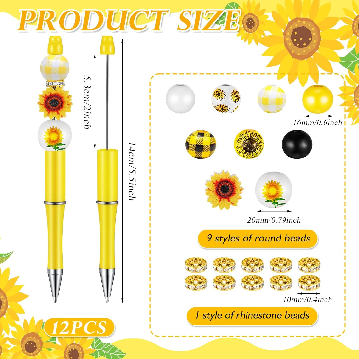 12 Set Plastic Beadable Pens Assorted Bead Pens Crystal Wood round Spacer