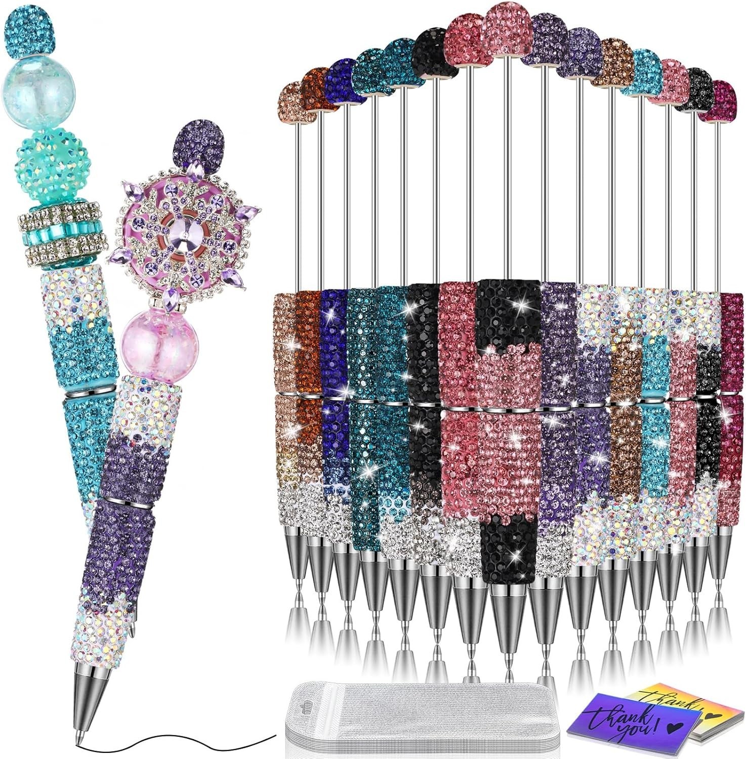 45 Pcs Full Rhinestone Beadable Pens Bulk Set 15 Glitter Diamond Pens with Ca…