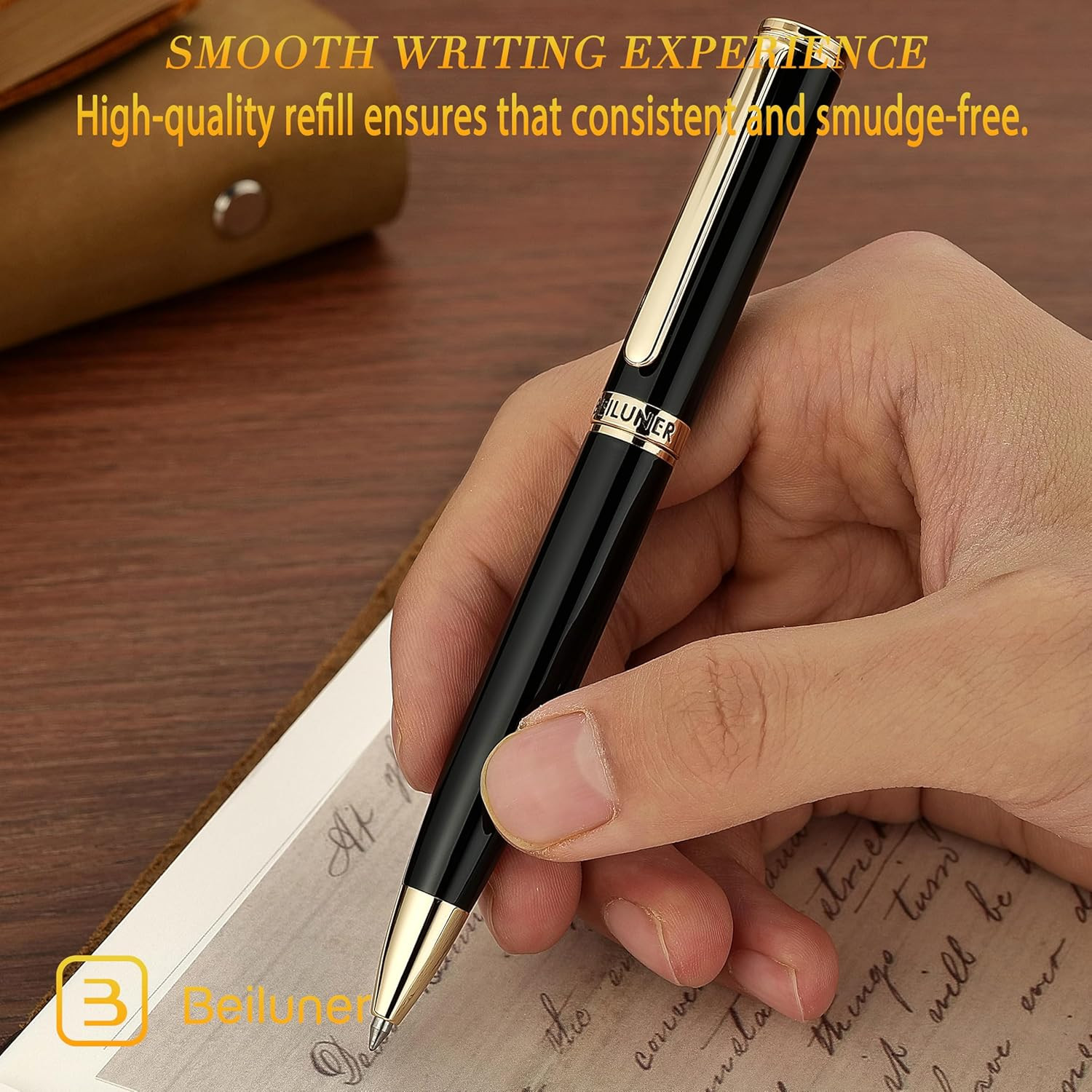 BEILUNER Luxury Gel Pen with 24K Gold Finish, Black Piano Lacquer, Luxury Grade